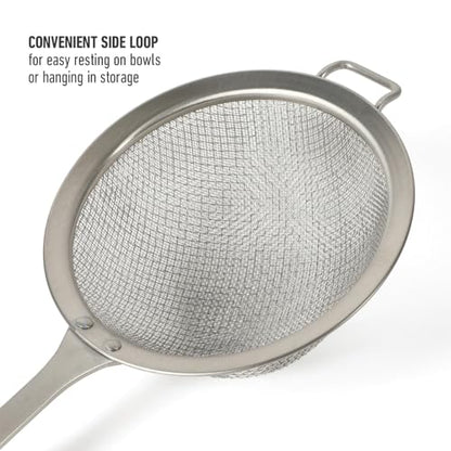 Calphalon Edge Stainless Steel Mesh Strainer with Thermoplastic Rubber Handle, Fine Kitchen Sieve for Draining, Rinsing, Sifting & Food Prep Tasks, Taupe - color: Taupe w/ Rubber Handl (Edge - Strainer)