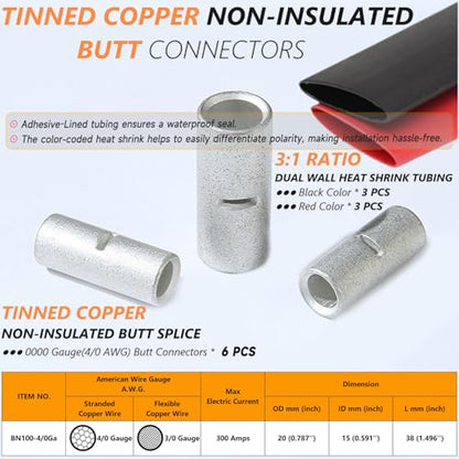 SVAAR 6PCS 0000 Gauge Non Insulated Butt Connectors 4/0 AWG Uninsulated Butt Splice Connectors Crimp Repair Butt Splices Kit Tinned Copper Seamless Barrel Butt Splice Terminals & 6PCS 3:1 Heat Shrinks - size: 0000 (4/0) AWG