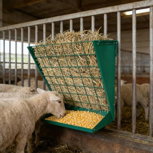 Wall Mount Hay Feeder for Goats, 2 in 1 Hay & Grain Livestock Feeders Rack, Hanging Sheep Cattle Feed Box with Steel Net, Wall Mounted Goat Hay Rack for Farm, Barn, Stable, Green - color: Green