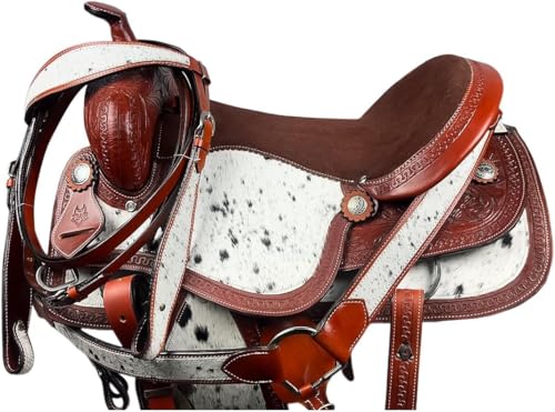 Western Barrel Saddle Set Brown Genuine Leather Hair On Cowhide Hand Tooled Horse Saddle with Headstall, Breast Collar & Reins for Trail Riding, Rodeo, Ranch & Pleasure, 8-17 Inch - size: 18 inch