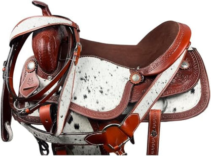 Western Barrel Saddle Set Brown Genuine Leather Hair On Cowhide Hand Tooled Horse Saddle with Headstall, Breast Collar & Reins for Trail Riding, Rodeo, Ranch & Pleasure, 8-17 Inch - size: 18 inch