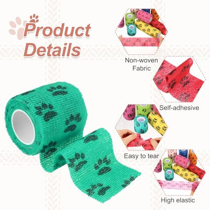 Pet Wrap Bandages, 2 Inch 5 Yard Self Adhesive Bandage Wrap, Pet Non-Woven Tape First Aid Cohesive Gauze, (Green/Paw, 2 Pcs), Intended for Dog/Cat/Bird/Legs/Paws/Wound - color: Green, size: 2 inch