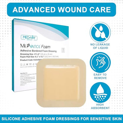 Medvance Waterproof Adhesive Bordered Foam Dressing, 6"x6", Box of 5 | Individually Wrapped - Highly Absorbent Bandages - Semi-Permeable Foam Wound Dressing Pads - size: 6"x6" - Box of 5