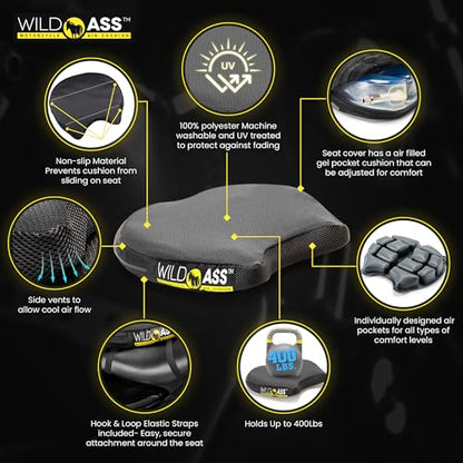 Wild Ass Saddle Classic - Motorcycle Air Gel Seat Pad, Ergonomic Air-Adjusting Cushion with Straps, Universal Fit for Ultimate Comfort & Relief, Cool Flow Motorcycle Accessory for Long Rides - Black - style: Classic