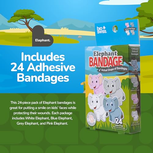 BioSwiss Bandages, Elephant Shaped Self Adhesive Bandage, Latex Free, Sterile Wound Care, 24 Count - size: 24-Count Box, style: Elephant