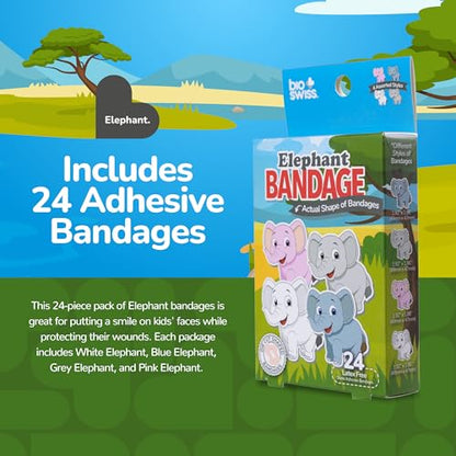 BioSwiss Bandages, Elephant Shaped Self Adhesive Bandage, Latex Free, Sterile Wound Care, 24 Count - size: 24-Count Box, style: Elephant