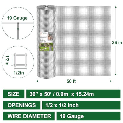 HOPERAN Hardware Cloth 1/2 Inch 36 x 50 ft, 19 Gauge Chicken Wire Fencing | Hot Dipped Galvanized After Welding, Rust resistant, Heavy-duty, for Garden Fencing Gopher Wire Rabbit Cage Poultry Netting - size: 1/2" 36in × 50ft