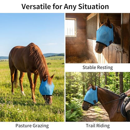 Horse Fly Mask Without Ears, UV Protection Fly Mask for Horses, Breathable Fine Mesh Horse Face Mask for Mosquito & Insect Protection, Adjustable Equine Fly Mask for Summer Riding & Barn Use, Blue