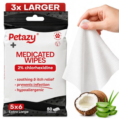 Petazy 2% Chlorhexidine Wipes for Dogs 3X Larger | Yeast Infection Ringworm Fungus Hot Spot Itch Relief | Medicated Antibacterial Antifungal Gentle Soothing Topical Wipes for Dog Cat | 50 Wipes 5x6 - size: 50 Count