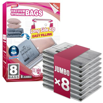 TAILI 8 Pack Vacuum Storage Bags, Jumbo LONG SIDE ZIP(39x28 inch), Clear - size: 8 Jumbo
