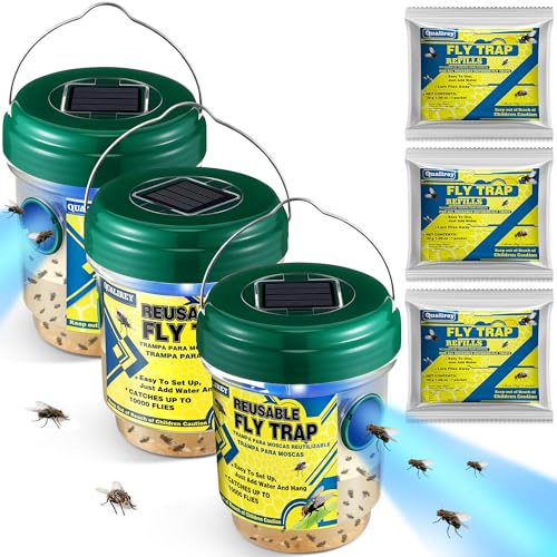 Qualirey 3 Fly Traps Outdoor with 3 Non Toxic Dissolvable Bait Refills, Reusable Insect Catcher Killer for All Filth Flies with Solar LED Light Design, Fruit Flies Traps for Outside Bug Control Yard