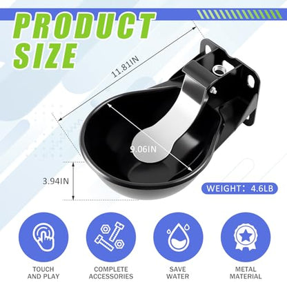 1 Pcs 2.5 L/ 0.66 Gal Automatic Livestock Waterer, Heavy Cast Iron Push-Paddle Water Trough, Black Stainless Steel Livestock Water Bowl for Horse Cattle Goat Pig 11.8 x 9.06 x 3.94 Inch