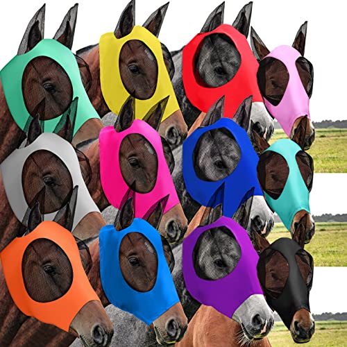 Sanwuta 12 Pcs Horse Fly Masks with Ears, Breathable Mesh UV Protection Horse Face Masks, Soft Elastic Comfortable Fit for Riding Outdoor Summer Supplies Bulk (Medium) - size: Medium