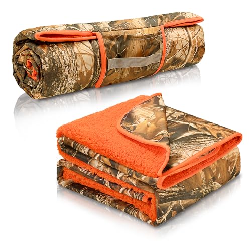 Tirrinia Waterproof Outdoor Blanket with Sherpa Lining, Windproof Foldable - color: Camo/Orange, size: 51” x 59”