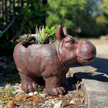 Zeckos Hippo Animal Planter, 17 Inch Wide Brown Textured Finish | Magnesium Oxide, 12.5 Inch Tall, Indoor or Outdoor Display, Drain Holes, 4 X 7.5 Inch Opening, 7.5 Inch Deep - color: Hippo - Brown