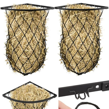 Yaocom 2 Set Black Wall Mount Hay Feeder with Net Collapsible Hay Rack with Net Slow Feeder for Horses Goats (Triangle)