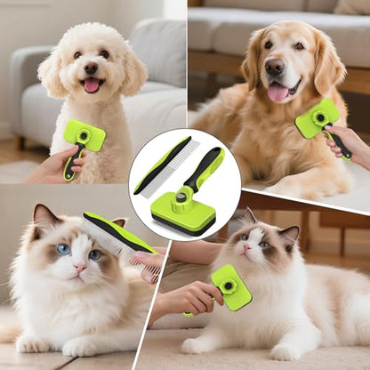 2PCS Self Cleaning Slicker Brush & Dog Comb - Skin Friendly Deshedding Grooming Tool for Dogs, Cats and Small Animals, Professional Deshedding Dematting Tool for Long and Short Haired Pets (Green) - color: Green