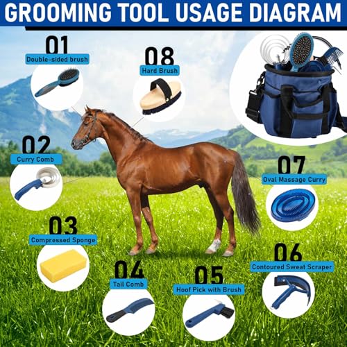 Cunhill 9 Pcs Horse Grooming Kit Tack Room Supplies, Classic, Dark Blue - color: Dark Blue, style: Classic