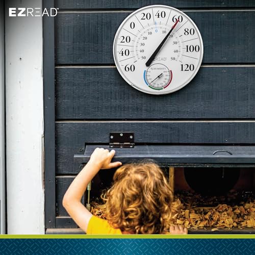 EZREAD Hanging Dial Thermometer 840-1212 Weather Thermometers for Indoor and Outdoor Use, Large 12.5 Inch Diameter, Easy to Read Numbers, Basic White Dial/Hygrometer - color: White