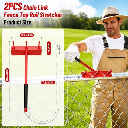 2PCS Fence Top Rail Stretcher Tool, Chain Link Top Rail Dressing Tool with 3 Hooks and 28in Cable, Thickened Carbon Steel, Strong Pull, Easy One-Person Use