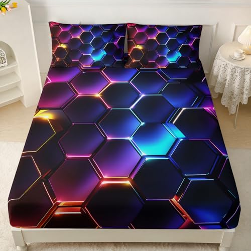 HOSIMA Geometric Hexagon Twin Bedding Sets,1 Fitted Sheet+2 Pillowcases. - color: Colorful, size: Twin 39"*75"