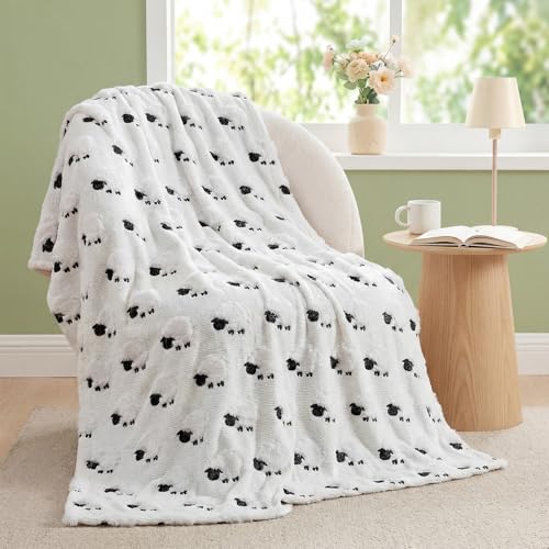 Tudomro 50x60'' Cute Sheep Throw Blanket, 3D Embroidered Black-Faced Sheep Spring Plush Faux Fur Blanket, Easter Farmhouse Cozy Throw for Sofa Couch Bed Home Decor - style: White Sheep