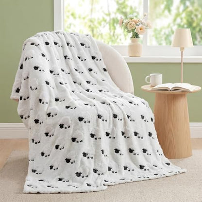 Tudomro 50x60'' Cute Sheep Throw Blanket, 3D Embroidered Black-Faced Sheep Spring Plush Faux Fur Blanket, Easter Farmhouse Cozy Throw for Sofa Couch Bed Home Decor - style: White Sheep