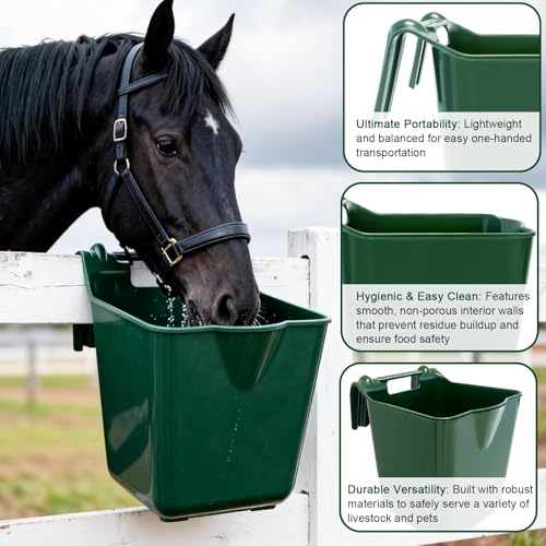 Horse Feed Bucket, 15 Quart Plastic Stall Hook Over, Green 4-Pack