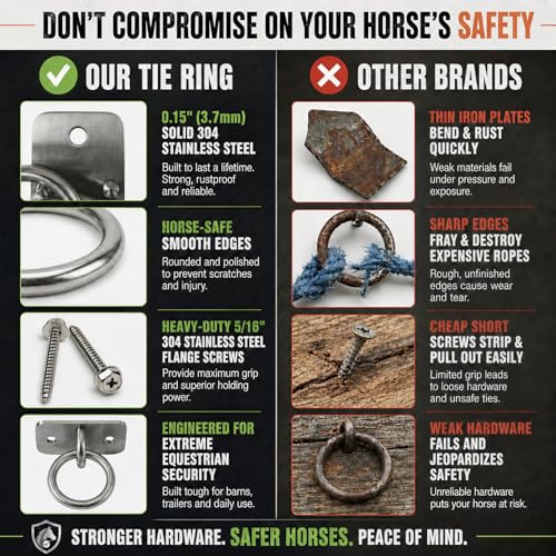 Heavy Duty 304 Stainless Steel Horse Tie Ring Anchors 2 Pack | Rustproof equine tie down hardware for trailers stalls & farms, jam-free rotation, includes 4 lag screws