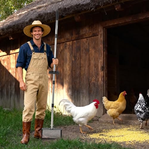 Heavy Duty Chicken Coop Poop Scooper and Rake 2-in-1 – 15'' Wide Metal Sifting Shovel, Adjustable 24''-68.8'' Ergonomic Handle – Farm and Garden Manure Cleaning Tool, Black-Sprayed, 38x26x175cm