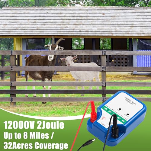 MorningRo Electric Fence Kit, 8 Mile 12kV 2J Electric Fence Charger AC/DC Powered with 50 Insulators, Socket Tool, 250ft Aluminum Wire for Livestock Control(Classic Ver.,Blue) - style: Classic Ver