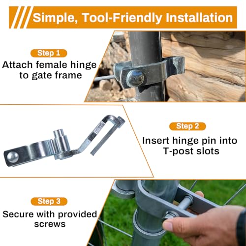 2-Pack T-Post Gate Hinge Kit for Chain Link Fence,1-5/8" Female Hinge Pins | Galvanized Steel, 200+° Swing with Hardware, Easy Installation Suitable for Farm Gates,Ggarden Fences