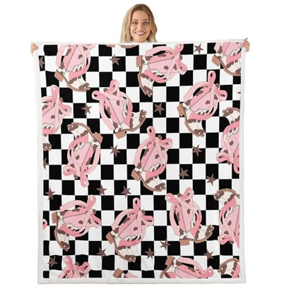 Erosebridal Cowgirl Western Fleece Blanket,Throw 50"X60" Kids Pink Bow Sherpa Blanket,Black and White Buffalo Plaid Fuzzy Plush Throw for Kids Girls Adults Women Cowgirl Boots Throw Blankets - color: Black Pink White, size: Throw