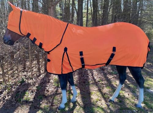 Combo Neck Fly Sheet with Leg Straps and Matching Mask - color: Orange - Black, size: 66