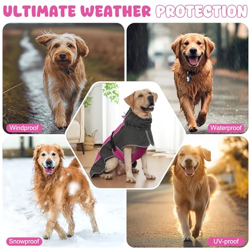 Dog Raincoat, Waterproof Dog Coat with Polar Fleece Lining - color: Pink, size: Large