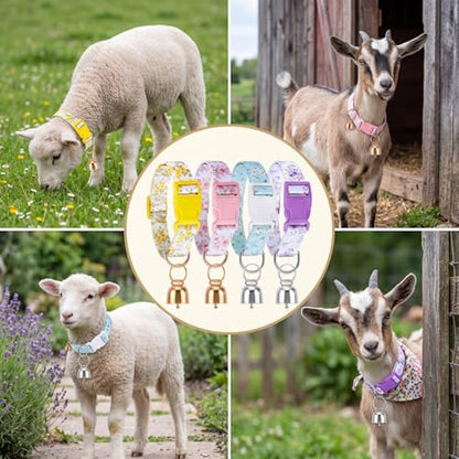 4 Pack Goat Collars with Bells Set, Adjustable Floral Pattern Nylon Sheep Collar, Loud Metal Grazing Bell, Quick Release Buckle for Lambs, Small Farm Animals, Herd ID, Pasture Tracking - style: Flower
