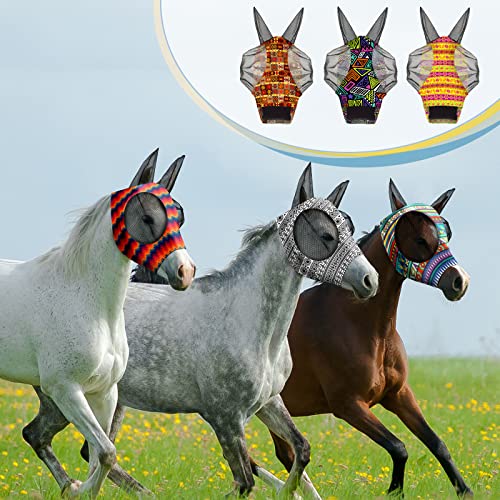 Qualirey 8 Pcs Fly Masks with Ears UV Protection Elastic Horse Face Cover Breathable Mesh for Riding Stable Pasture Supplies(Medium,Geometric)