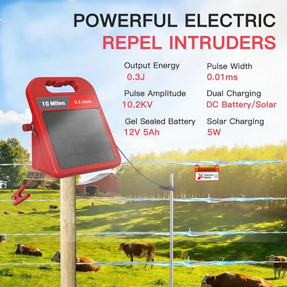 Solar Electric Fence Charger-0.3J-10 Miles, Maximum Output Voltage 10200V- Provide 24-Hour Uninterrupted Protection for Livestock and Yards with Rechargeable Solar Panel Red