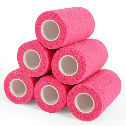 6 Rolls Elastic Self Adhesive Bandage Wrap 4 Inch, Breathable Non Woven Cohesive Bandage, Vet Wrap for Dogs, Ankle Sprains Swelling Medical First Aid Tape, Sports Athletic Tape Hot Pink - color: 4 Inch-6 Count Hot Pink
