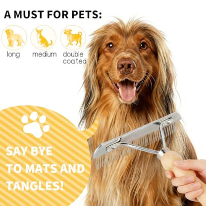 Undercoat Grooming Rake with Anti-Slip Wooden Handle, Steel Comb for Medium & Large Pets