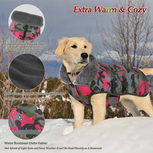 Dogcheer Warm Dog Coat, Waterproof Dog Jacket Reflective Adjustable Puppy Winter Coat with Buckle, Christmas Pet Snow Jacket Turtleneck Fleece Sweater for Small Medium Large Dogs - Camo Pink, M - color: Camo Pink, size: Medium