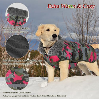 Dogcheer Warm Dog Coat, Waterproof Dog Jacket Reflective Adjustable Puppy Winter Coat with Buckle, Christmas Pet Snow Jacket Turtleneck Fleece Sweater for Small Medium Large Dogs - Camo Pink, M - color: Camo Pink, size: Medium