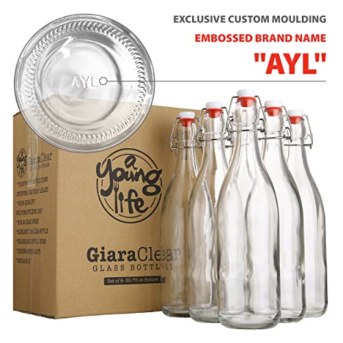 Flip Top Glass Bottle [1 Liter / 33 fl. oz.] [Pack of 6] – Swing Brewing with Stopper for Beverages, Oil, Vinegar, Kombucha, Beer, Water, Soda, Kefir Airtight Lid & Leak Proof Cap Clear - size: 33