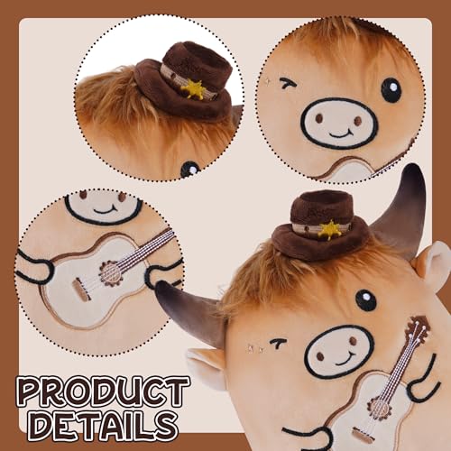Highland Cow Stuffed Animal, 8 Inch Cute Country Cow Plush Toy with Guitar and Cowboy Hat, Soft Kawaii Plushie Pillow Gifts for Kids Boys Girls, Farm Animal Decor for Christmas Birthday Holiday - style: Country Cow