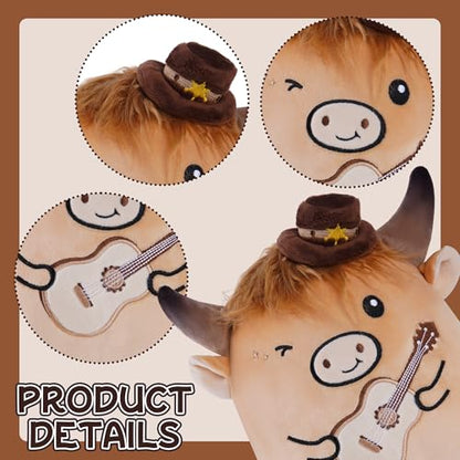 Highland Cow Stuffed Animal, 8 Inch Cute Country Cow Plush Toy with Guitar and Cowboy Hat, Soft Kawaii Plushie Pillow Gifts for Kids Boys Girls, Farm Animal Decor for Christmas Birthday Holiday - style: Country Cow