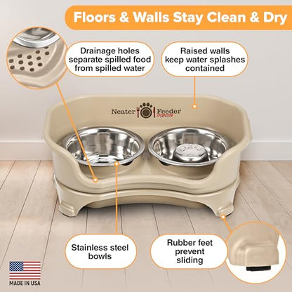 Neater Feeder Express Mess Proof Dog Bowls Elevated for Small Breed – Made in USA – No Spill Raised Slow Feeder Elevated Dog Bowl Stand, Stainless Steel Food and Water Bowl Set, Almond - color: Almond, size: Small w/ Metal Slow Feed Bowl