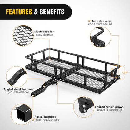 Nilight 60" x 24"x 7.87" Folding Carrier Fits 2-Inch Receiver 500 Lbs Capacity Bag Net Ratchet Straps Lock Stabilizer for SUV Pickup RV Van - style: 24" Basket w/Bag,Net,Straps,Stabilizer,Lock