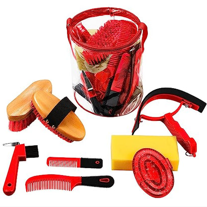 Cunhill 9 Pcs Horse Grooming Kit Tack Room Supplies, Cute, Red - color: Red, style: Cute