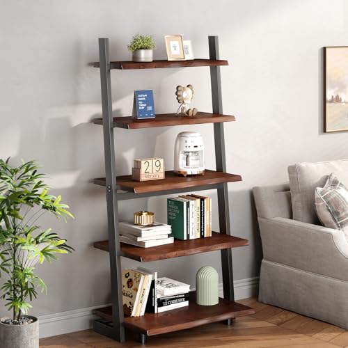 IBF 5-Tier Solid Wood Ladder Bookshelf with Natural Live Edge - size: 5-Tier