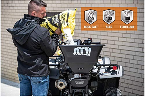 Buyers Products ATVS100 ATV Broadcast Spreader with Rain Cover, 100 lb Capacity, Rear Rack Mount, Poly Hopper, 12V Motor, for Seed, Fertilizer, Salt & Feed, All Season Use, ATV Accessories & Lawn Care